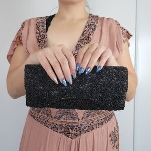 VTG Black Seed Beaded Evening Clutch Bag Elegant Handmade Intricate Floral 40s